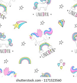 Cute hand drawn unicorn vector pattern. vector illustration.