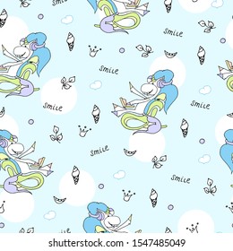 Cute hand drawn unicorn vector pattern with balloons and heart. Vector illustration design for fabrics, wallpapers and cover. Seamless pastel unicorns.