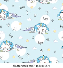 Cute hand drawn unicorn vector pattern with balloons and heart. Vector illustration design for fabrics, wallpapers and cover. Seamless pastel unicorns.
