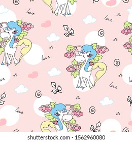 Cute hand drawn unicorn vector pattern with balloons and heart. Vector illustration design for fabrics, wallpapers and cover. Seamless pastel unicorns.	