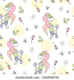 Cute hand drawn unicorn vector pattern with balloons and heart. Vector illustration design for fabrics, wallpapers and cover. Seamless pastel unicorns.	