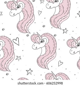Cute hand drawn unicorn vector pattern. vector illustration.