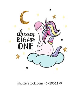 Cute hand drawn unicorn. Vector design for kids graphic, t-shirt, note book cover, gift card, poster.