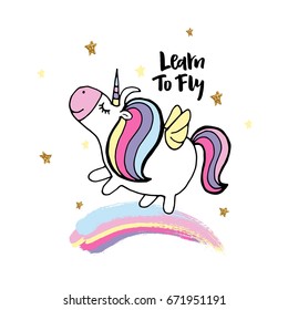 Cute hand drawn unicorn. Vector design for kids graphic, t-shirt, note book cover, gift card, poster.