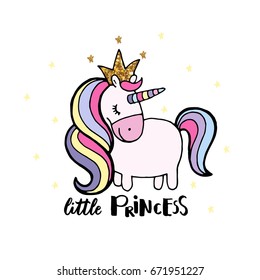 Cute hand drawn unicorn. Vector design for kids graphic, t-shirt, note book cover, gift card, poster.