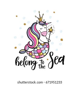 Cute hand drawn unicorn. Vector design for kids graphic, t-shirt, note book cover, gift card, poster.