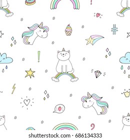 Cute hand drawn unicorn vector pattern. vector illustration.