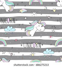 Cute hand drawn unicorn vector pattern. vector illustration.