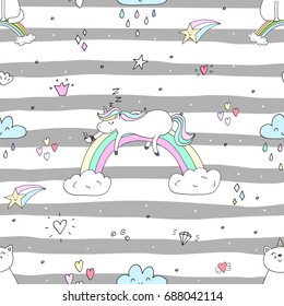 Cute hand drawn unicorn vector pattern. vector illustration.