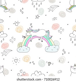 Cute hand drawn unicorn vector pattern. vector illustration.