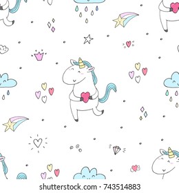 Cute hand drawn unicorn vector pattern. vector illustration.
