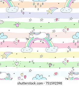 Cute hand drawn unicorn vector pattern. vector illustration.