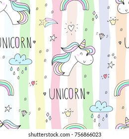 Cute hand drawn unicorn vector pattern. vector illustration.