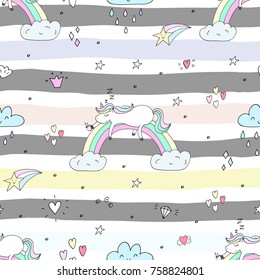 Cute hand drawn unicorn vector pattern. vector illustration.