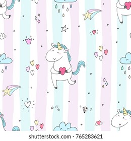 Cute hand drawn unicorn vector pattern. vector illustration.