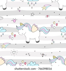 Cute hand drawn unicorn vector pattern. vector illustration.