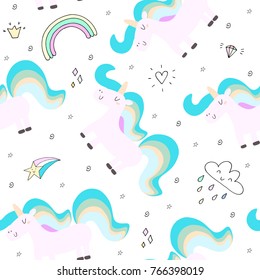 Cute hand drawn unicorn vector pattern. vector illustration.