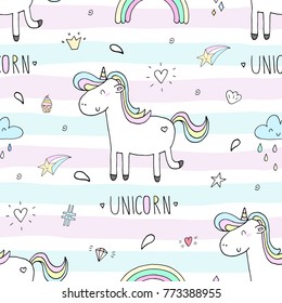 Cute hand drawn unicorn vector pattern. vector illustration.
