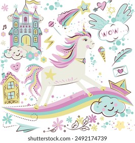 Cute hand drawn unicorns, castle, clouds, stars, hearts, clouds, clouds. Vector illustration
