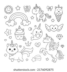 Cute hand drawn Unicorns doodle icon for coloring book