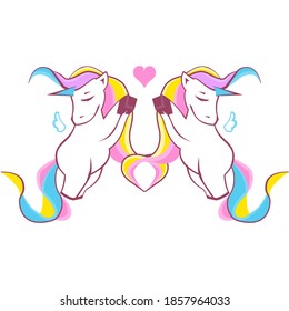Cute hand drawn Unicorns in love isolated on white background. Can be used for print design. Valentine's day concept. Vector eps 10 illustration