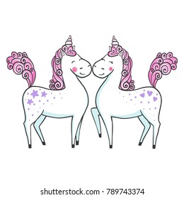 Cute hand drawn Unicorns in love isolated on white background. Valentine's day concept. Vector illustration. Can be used for print design.