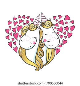 Cute hand drawn Unicorns in love isolated on white background. Valentine's day concept. Vector illustration. Can be used for print design.
