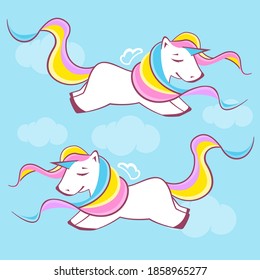 Cute hand drawn Unicorns on blue background. Can be used for print design. Valentine's day concept. Vector eps 10 illustration