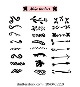 Cute Hand drawn unique collection of Aloha Dividers, Curls, Floral borders. Vector decorative elements for your design project. Ink brush symbols