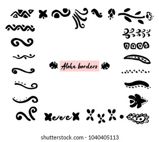 Cute Hand drawn unique collection of Aloha Dividers, Curls, Floral borders. Vector decorative elements for your design project. Ink brush symbols