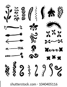 Cute Hand drawn unique collection of Aloha Dividers, Curls, Floral borders. Vector decorative elements for your design project. Ink brush symbols