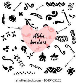 Cute Hand drawn unique collection of Aloha Dividers, Curls, Floral borders. Vector decorative elements for your design project. Ink brush symbols