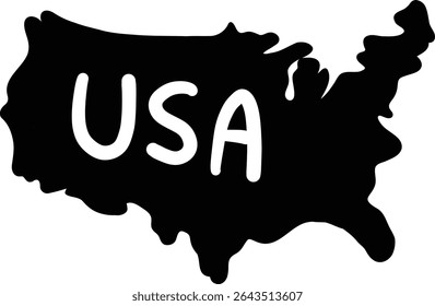 Cute hand drawn united states of america map doodle kids illustration usa 4th of july happy independence memorial day patriotic theme icon clipart black silhouette elements
