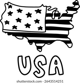 Cute hand drawn united states of america map doodle kids illustration usa 4th of july happy independence memorial day patriotic theme text word icon clipart stars stripes pattern elements