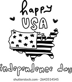 Cute hand drawn united states of america map doodle kids illustration usa 4th of july happy independence memorial day patriotic theme text word icon clipart stars stripes pattern elements