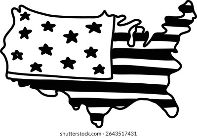 Cute hand drawn united states of america map doodle kids illustration usa 4th of july happy independence memorial day patriotic theme icon clipart stars stripes pattern elements