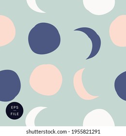 Cute hand drawn universe full moon crescent cosmos sun motif seamless pattern editable vector. Round luna design sea fog green blue pink origami wrapping paper pretty nursery wallpaper arty print
