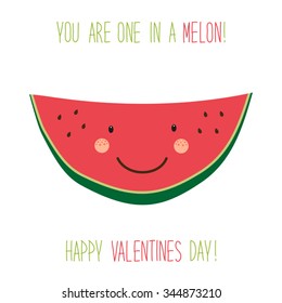 Cute Hand Drawn Unusual Valentines Day Card With Funny Cartoon Character Of Melon And Hand Written Text