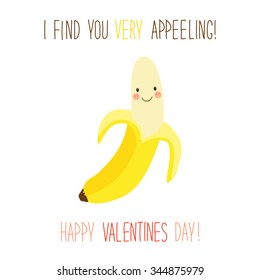 Cute hand drawn unusual Valentines day card with funny cartoon character of banana and hand written text