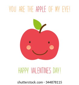 Cute hand drawn unusual Valentines day card with funny cartoon character of apple and hand written text