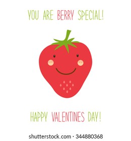 Cute hand drawn unusual Valentines day card with funny cartoon character of strawberry and hand written text