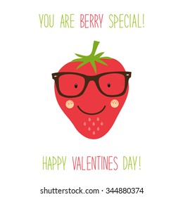 Cute hand drawn unusual Valentines day card with funny cartoon character of strawberry and hand written text