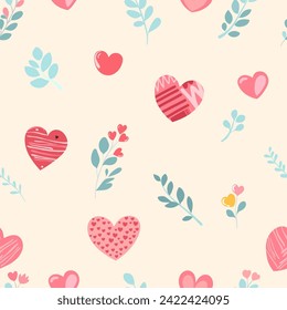 Cute hand drawn valentine heart seamless pattern, cute romantic background for Valentine's Day, Mother's Day, textile, wallpaper, sign. Vector design