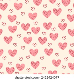 Cute hand drawn valentine heart seamless pattern, cute romantic background for Valentine's Day, Mother's Day, textile, wallpaper, sign. Vector design