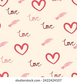 Cute hand drawn valentine heart seamless pattern, cute romantic background for Valentine's Day, Mother's Day, textile, wallpaper, sign. Vector design