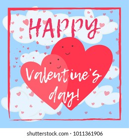 Cute hand drawn Valentine's day greeting card with two lovely hearts flying in blue sky with clouds. Funny bright pink background for 14 february celebration with hearts confetti