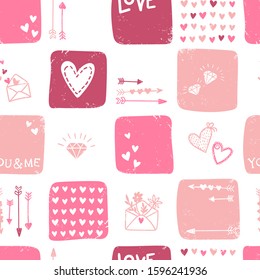 Cute hand drawn Valentine's Day seamless pattern, romantic doodles background with hearts, arrows, diamonds and type - great for textiles, wrapping, banner, cards, wallpaper, vector design