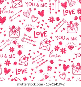 Cute hand drawn Valentine's Day seamless pattern, romantic doodles background with hearts, arrows, diamonds and type - great for textiles, wrapping, banner, cards, wallpaper, vector design