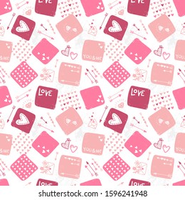 Cute hand drawn Valentine's Day seamless pattern, romantic doodles background with hearts, arrows, diamonds and type - great for textiles, wrapping, banner, cards, wallpaper, vector design