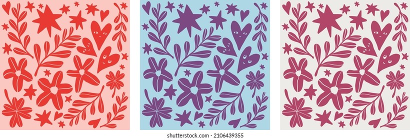 Cute hand drawn Valentine's Day vector pattern with hearts, flowers, clovers, leaves and stars